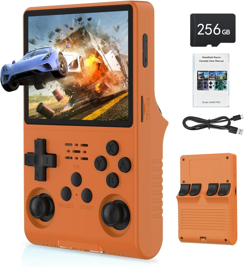 FVBADE [30000 in 1] R40S PRO Handheld Game Console 3.5 inch IPS Screen Mini Retro Console 3800mAh Portable Pocket Arcade 45+ Mainstream Emulator 256G TF Card Transparent.(Orange) - Image 1